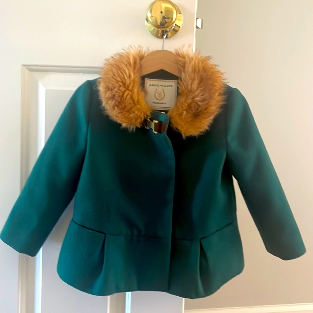Janie and Jack Hunter Green Jacket with Fur Collar in Size 2T